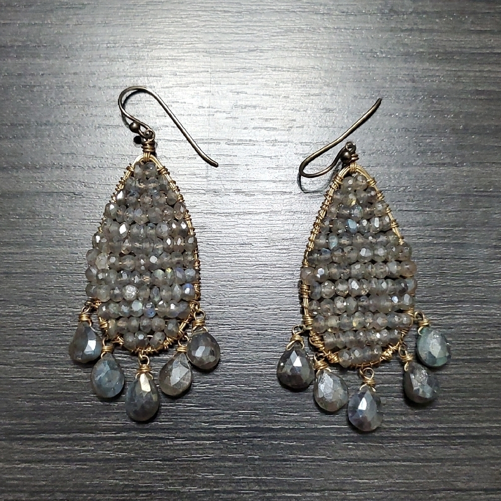 Vintage Gray and Gold Beaded Earrings Dangle Teardrop Dressy Casual Sparkle